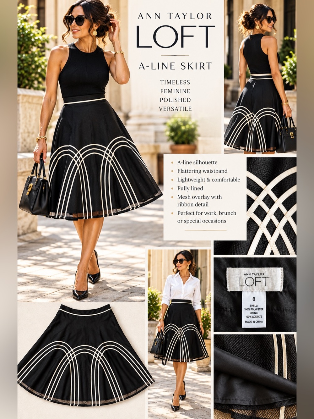 3384 LOFT Black A-Line Skirt with White Arch Trim